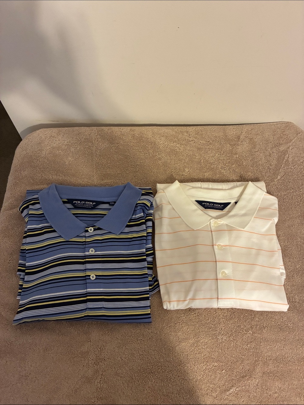 Ralph Lauren Men’s Polo Golf Shirts - lot of 2 Blue Stripe & Cream Stripe